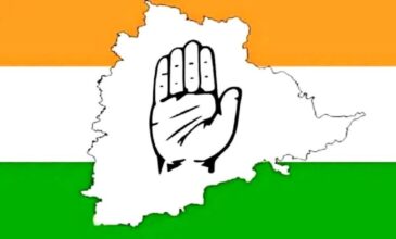 Congress Party Symbol Super Imposed On Telangana Map with Congress Flag in the background
