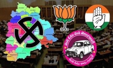 Layout featuring Emblems of INC, BJP, BRS with Telangana map