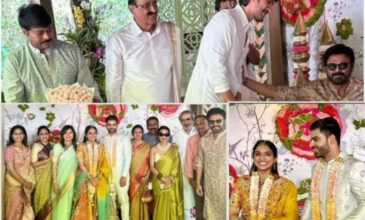 Collage of event pictures from Venkatesh's Daughter's Engagement featuring Tollywood Celebrities