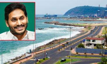 Vizag beach road with YS Jagan's Face superimposed.