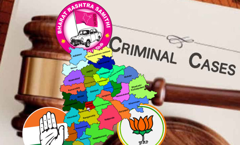 Telangana Map and Emblems of All Telangana political parties on a judicial background.