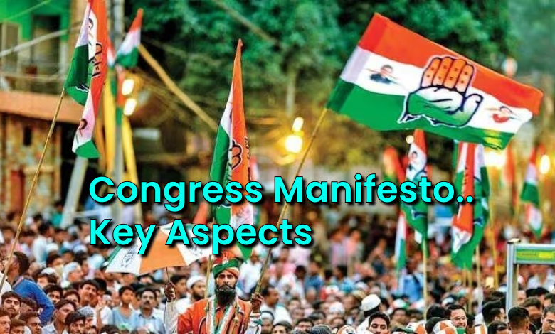 Key Aspects in Congress Manifesto for Telangana with Congress rally in the background.