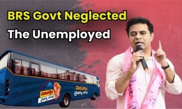 KTR in speech with unemployed bus yatra in background.