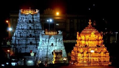 Night view of the Lord Venkateswara Temple in Tirumala of Tirupati district.