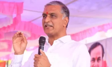 BRS leader minister Harish Rao in BRS public meet giving a speech.