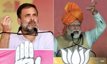 Rahul Gandhi and Naredra Modi giving speeches in their respective party meetings.