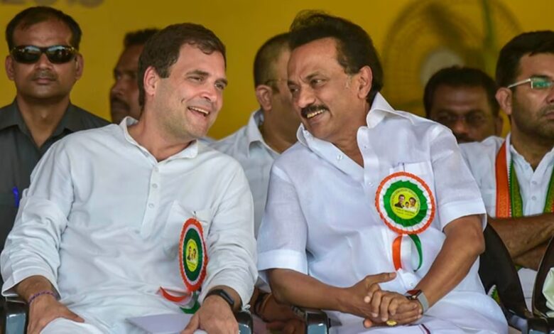 Congress Leader Rahul Gandhi and DMK Leader MK Stalin smiling in a meeting.