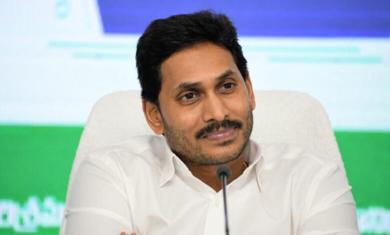 YS Jagan Mohan Reddy's close-up in CM chair, with YSRCP colours in background.