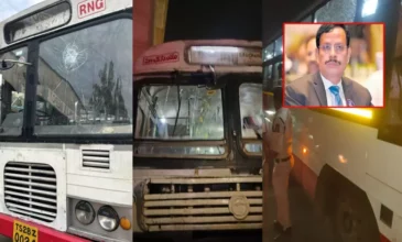 Damaged RTC buses and Sajjanar.