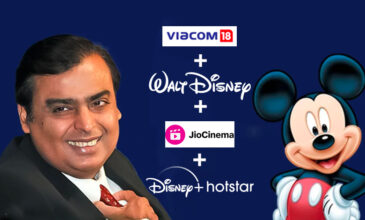 Mukesh Ambani and Mickey mouse with their respective media properties.
