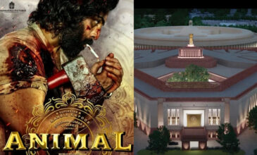 Animal Movie poster and Indian Parliament.