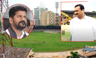 CM Revanth Reddy and Congress' Bandla Ganesh with LB Stadium in background.