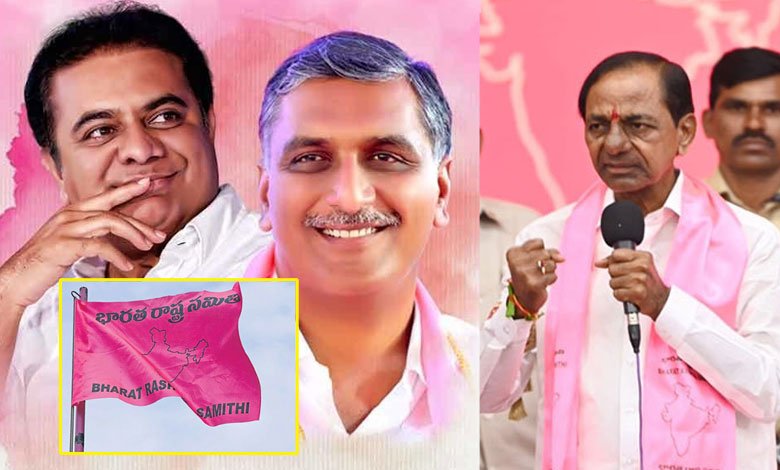 KTR, Harish Rao and KCR with BRS flag and pink BG.