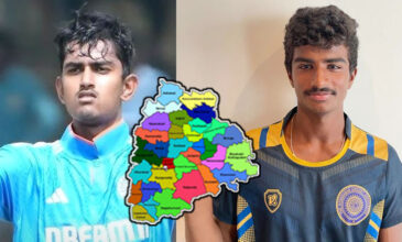 Telangana-Cricketers-Murugan-Abhishekh-and-Avanish-Rao and Telangana map