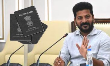 CM Revanth Reddy in press conference with ration cards.