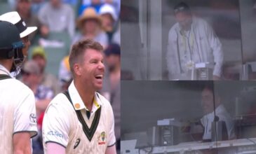 David Warner laughs as Illingworth comes out of lift.