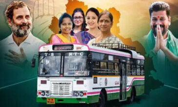 Rahul Gandhi and Revanth Reddy with free bus for women scheme.