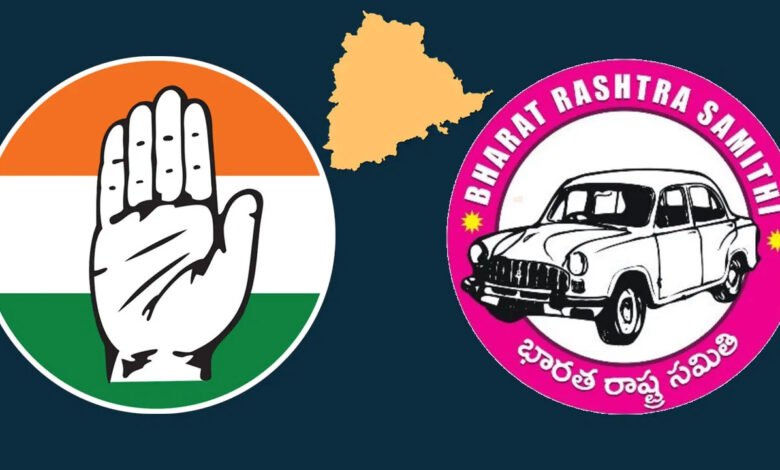 Congress and BRS emblems with Telangana map.