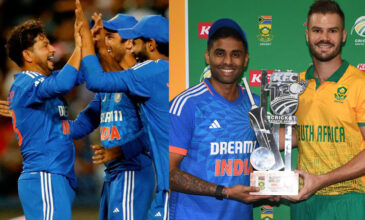 Indian cricketers celebrate. India and South Africa captains share cup.