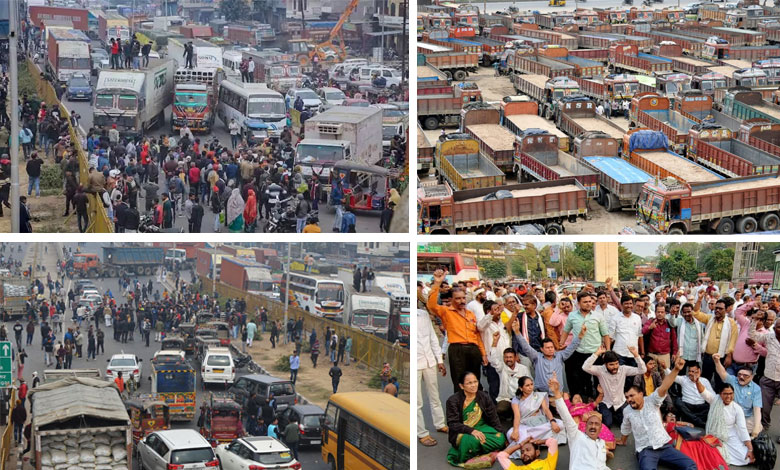 Collage of Truck driver protest across India.