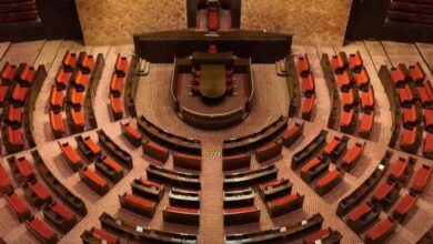 Top shot of an empty Rajya Sabha in India's New Parliament.