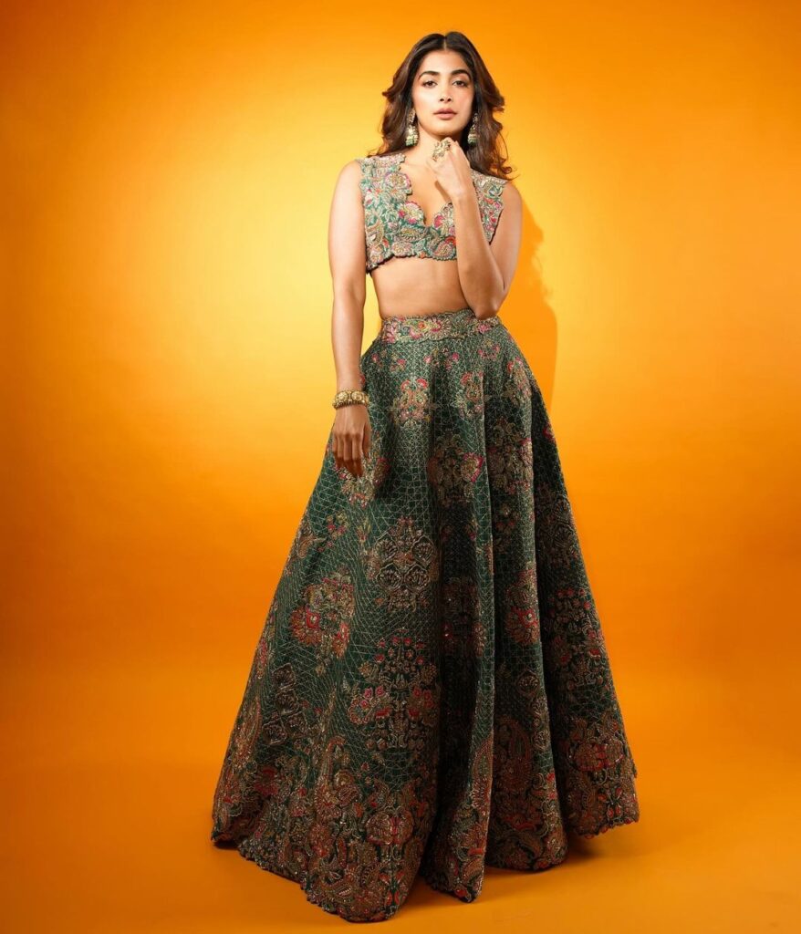 Pooja Hegde radiates elegance in a vibrant green lehenga and blouse 