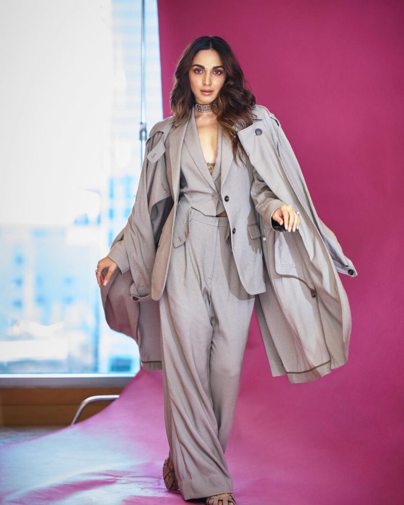 Kiara Advani in chic grey ensemble with coat and pants
