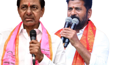 KCR and Revanth Reddy with mics.
