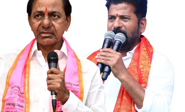 KCR and Revanth Reddy with mics.