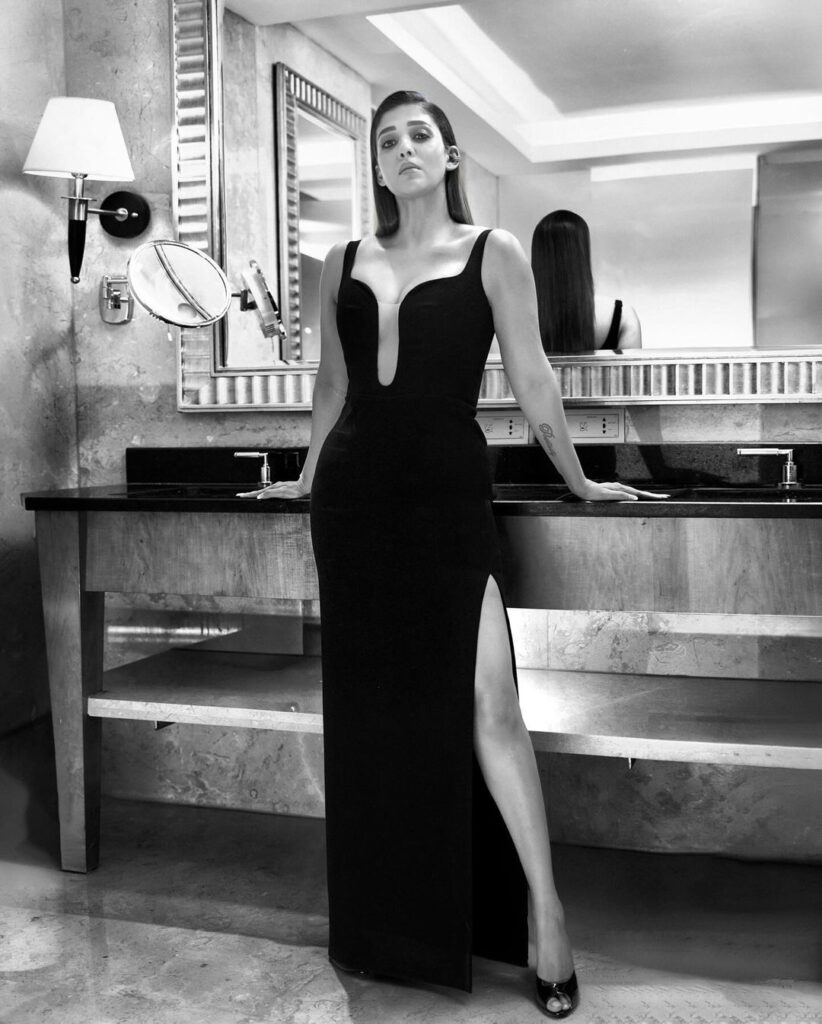 Nayanthara in stunning black dress with thigh-high slit