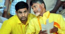 Nara Lokesh and Chandrababu in yellow shirts, consipiring something.