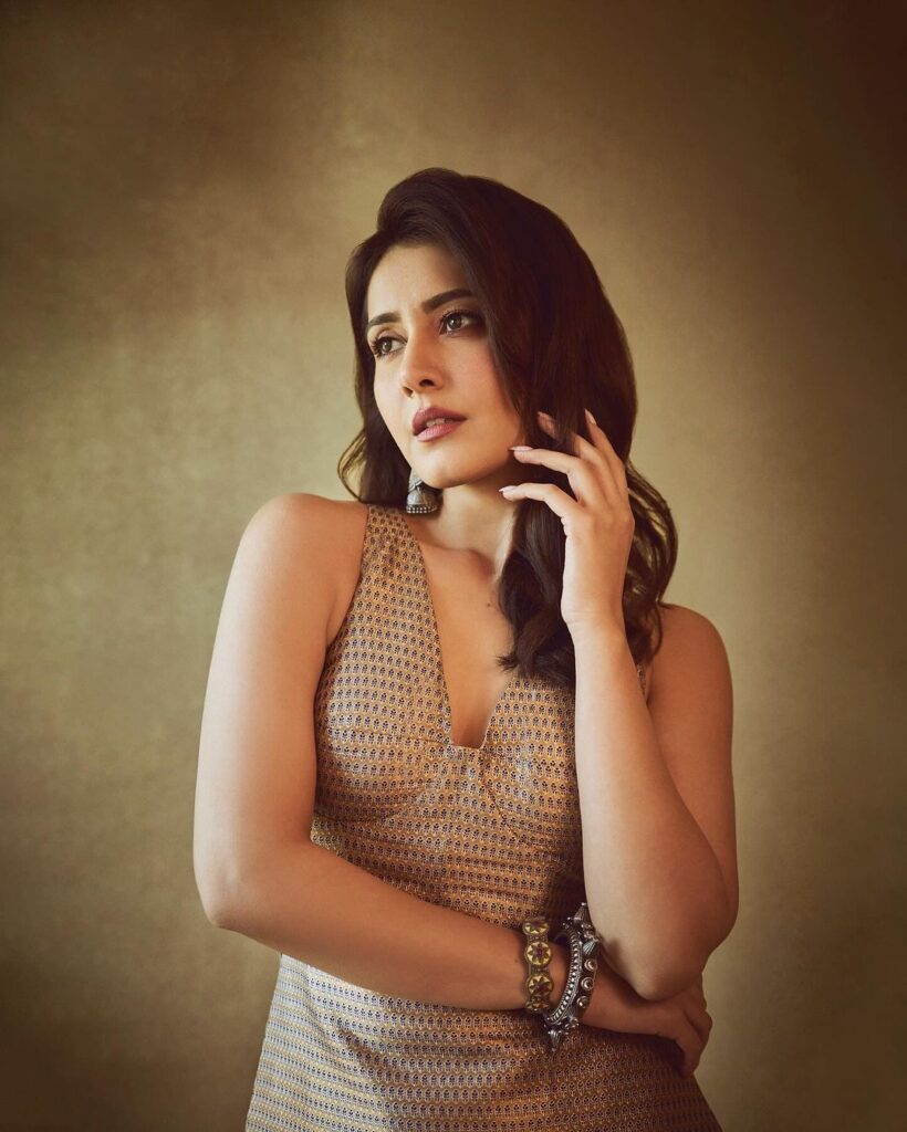 Raashii Khanna flaunts toned arms in gown.
