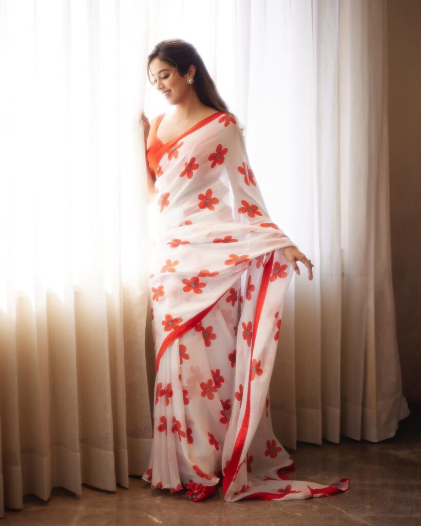 Janhvi Kapoor stuns in a floral saree and sleeveless blouse