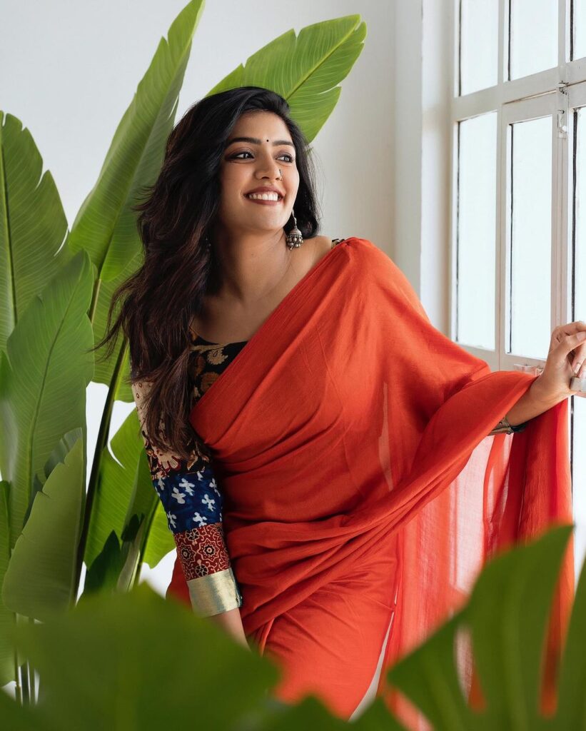 Eesha Rebba stuns in orange saree, kalamkari blouse